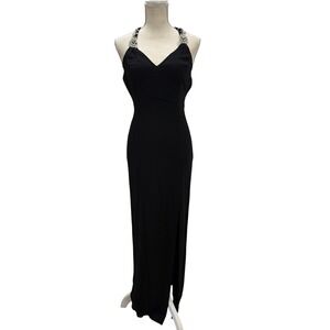 Vtg CACHE Black Maxi Dress Halter Rhinestone Criss Cross Back High Side Slit  2